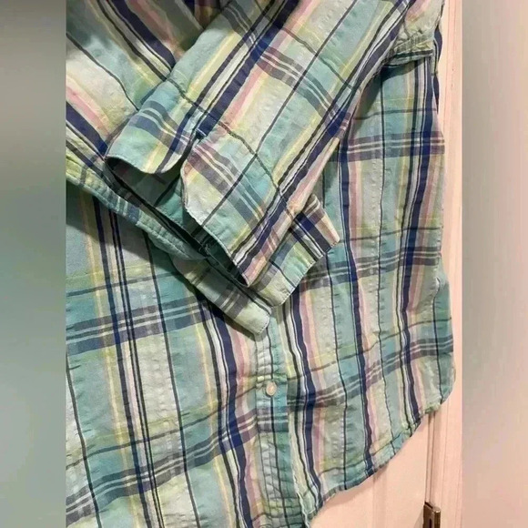 L.L. Bean Women’s Turquoise Textured Cotton Plaid 3/4 Sleeve Button Down Size S - Picture 5 of 8